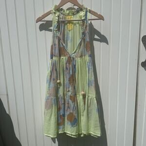 Yvonne S Sleeveless Green Blue Tan Floral Hippie Tiered Mini Dress Size Small